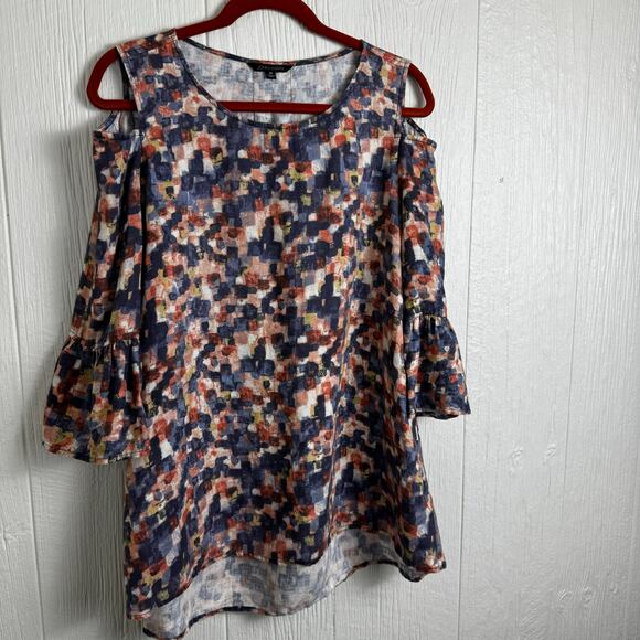 John Mark Multicolor Abstract Cold Shoulder Top 3/4 Sleeve Size Medium Artsy - Picture 7 of 8